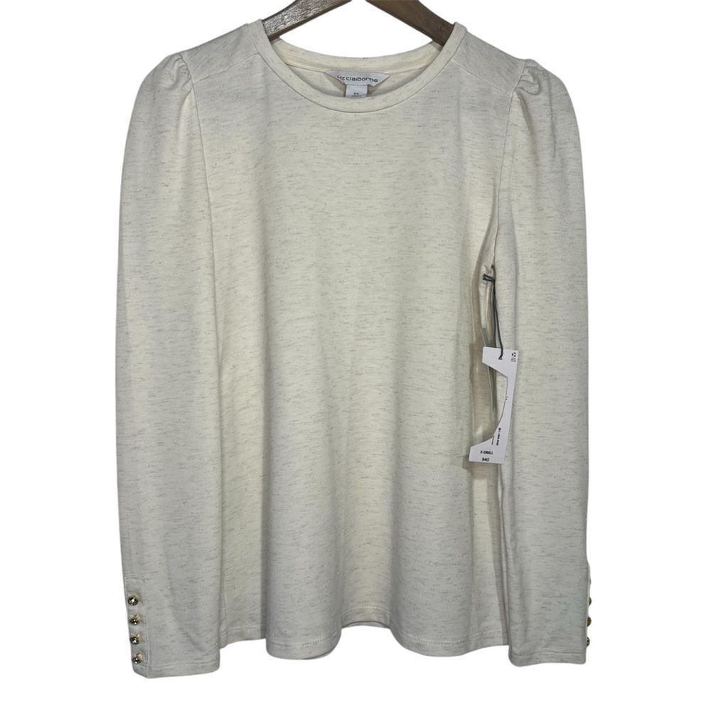 NWT Liz Claiborne Puff Sleeve Sweatshirt size XS Heather Gray Rhinestone Button